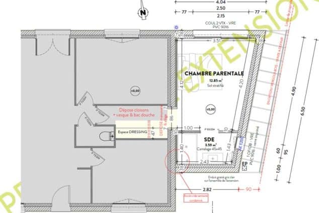 Le plan de l'extension de maison à Torcé.